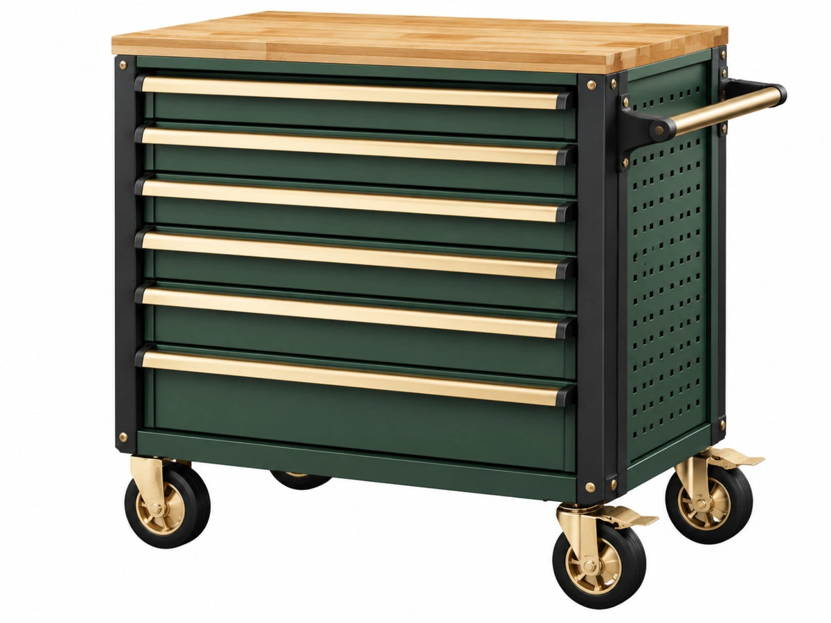 Gereedschapswagen 90 x 50 x 95 cm staal groen met houten werkblad en 6 laden