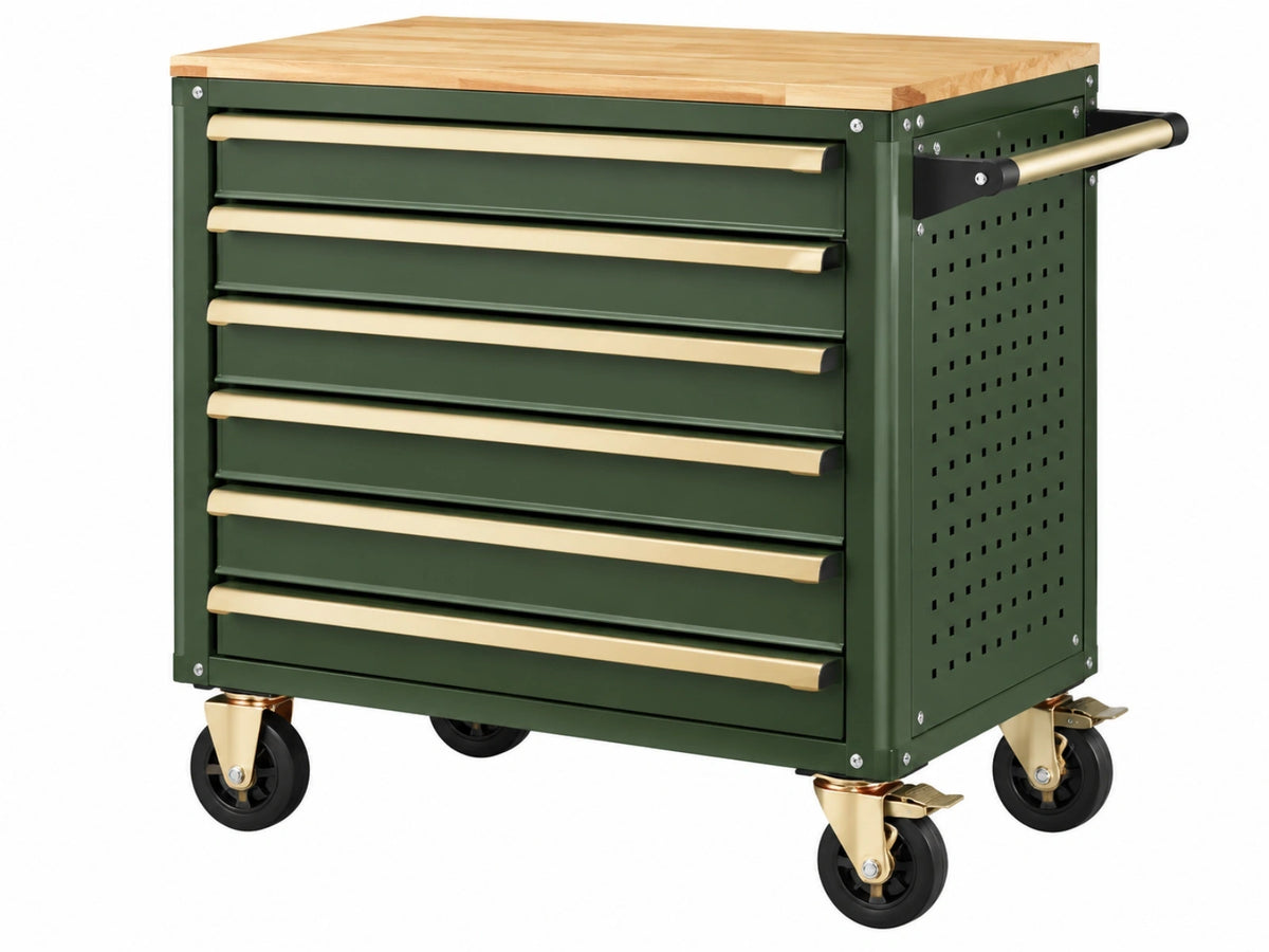 Gereedschapswagen 100 x 50 x 95 cm staal donkergroen met houten werkblad en 7 laden