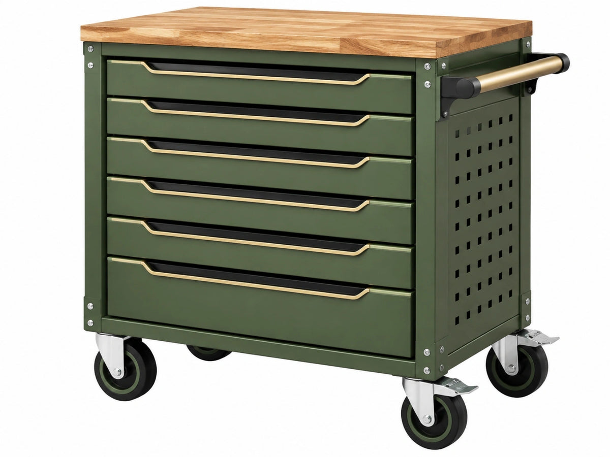Gereedschapswagen 86 x 46 x 96 cm - metaal en houten werkblad groen - 6 laden op zwenkwielen