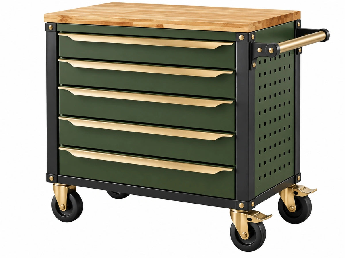 Gereedschapswagen 85 x 46 x 95 cm metaal groen met houten werkblad en 5 laden