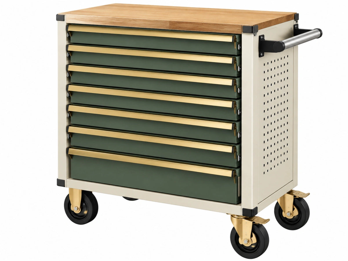 Gereedschapswagen 85 x 50 x 95 cm staal hout groen crème met 7 laden en wielen