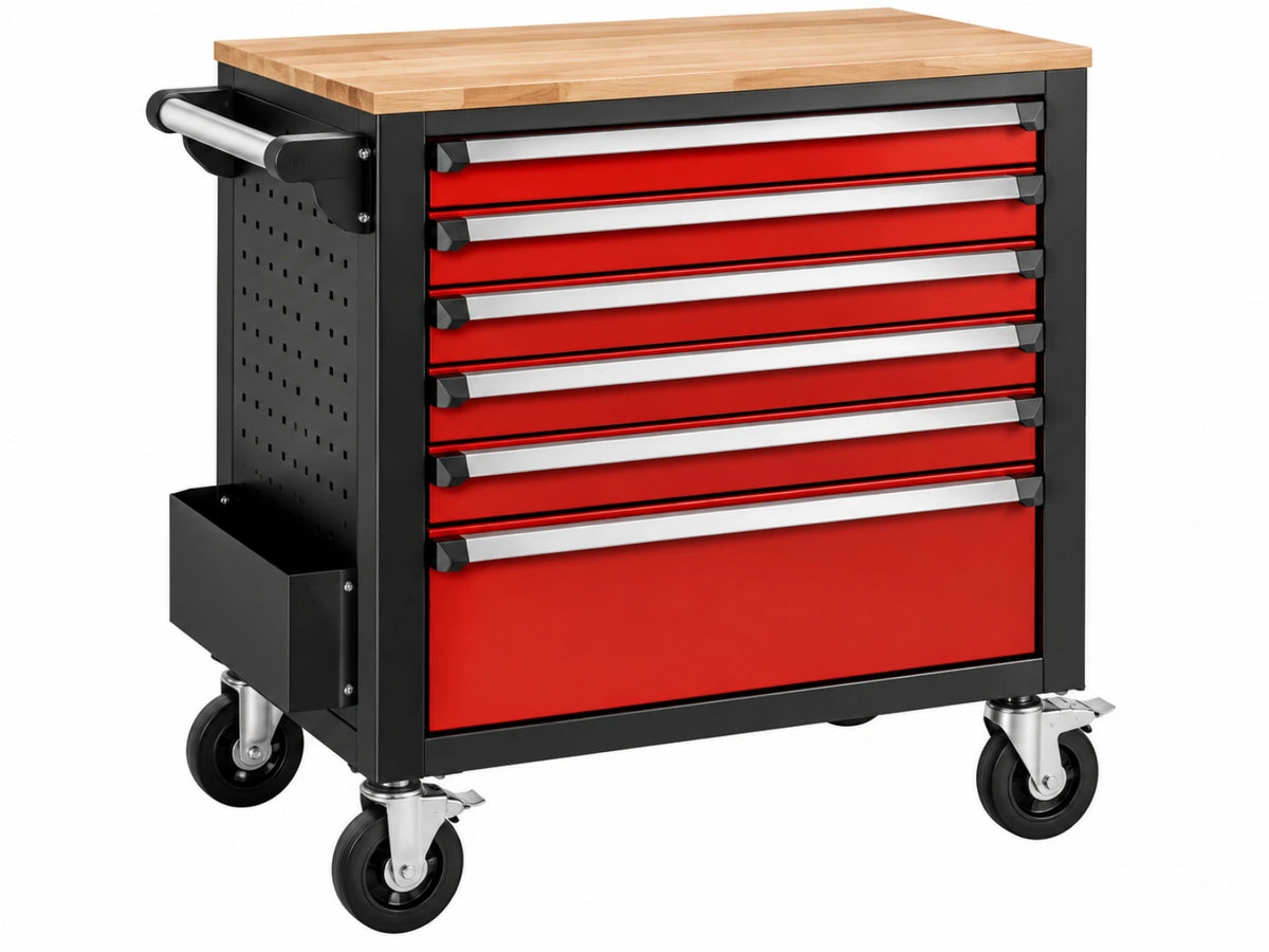 Gereedschapswagen 77 x 46 x 97 cm staal rood zwart met houten werkblad en 6 laden