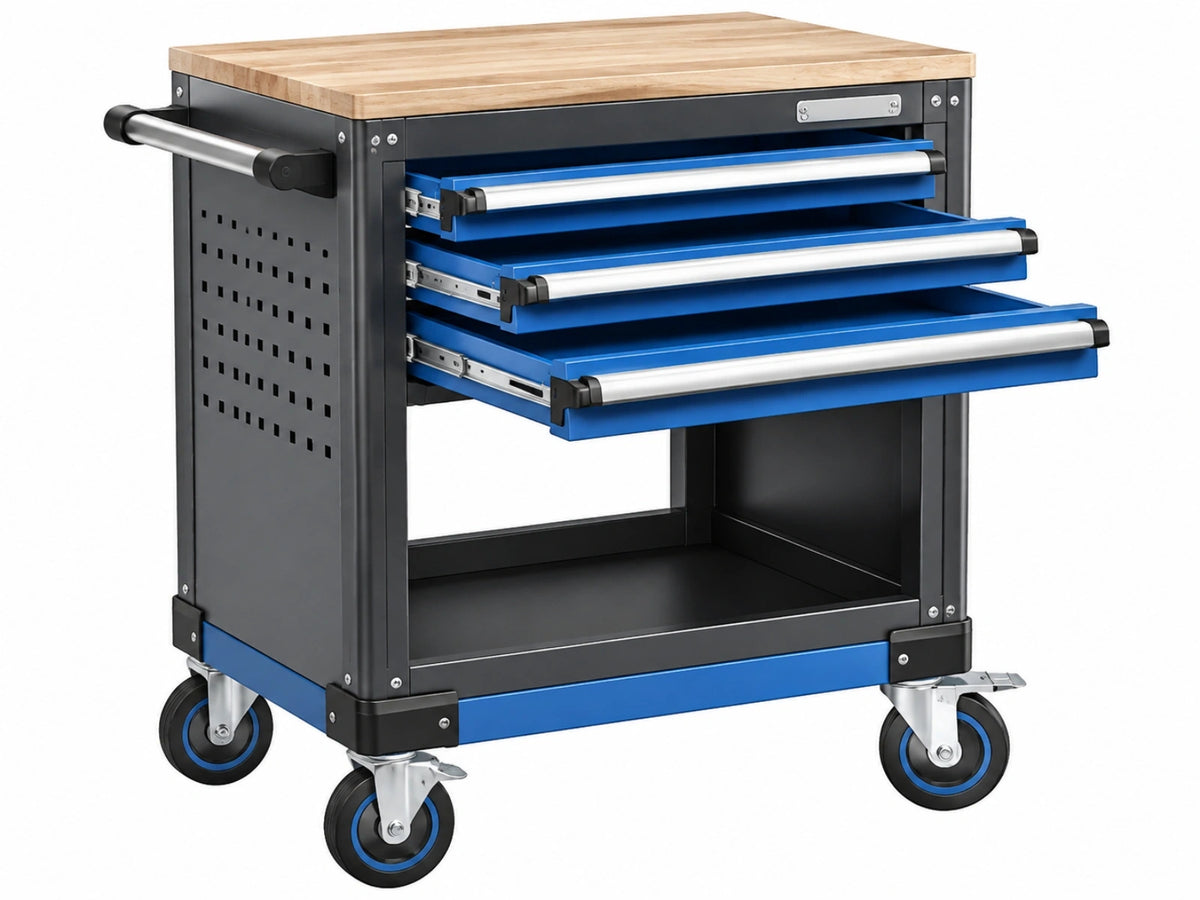 Gereedschapswagen 85 x 50 x 95 cm staal met houten werkblad zwart blauw met 3 laden en wielen