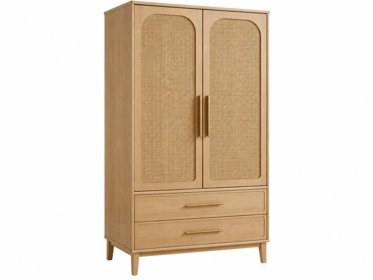 Kledingkast 100 x 55 x 190 cm hout en rotan licht eiken - staande opbergkast met 2 deuren en 2 laden