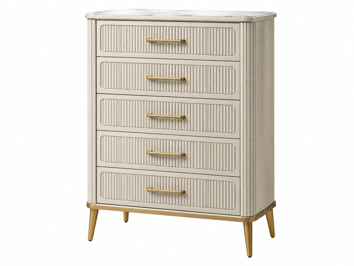 Ladekast 80 x 45 x 110 cm crème houtcomposiet met metalen poten - geribbelde opbergladen