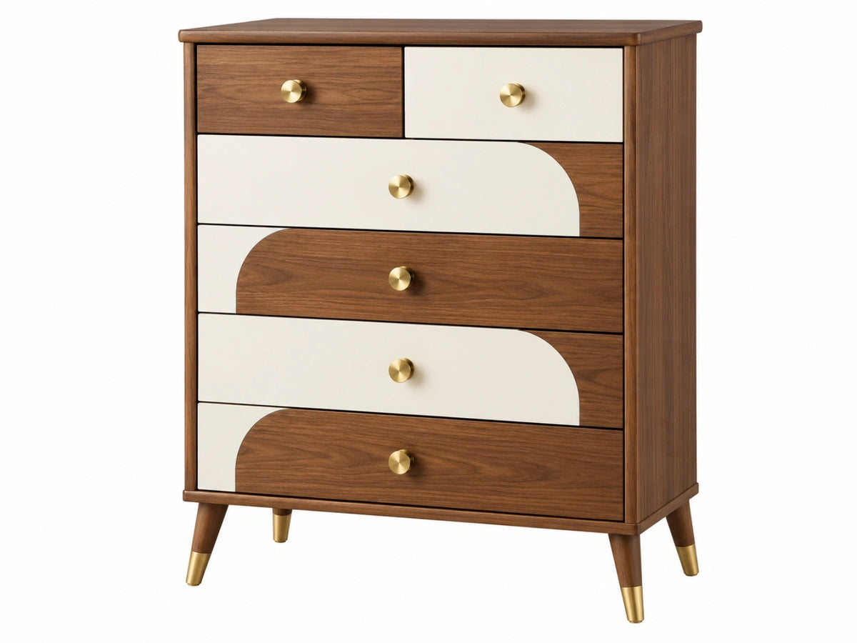Ladekast 80 x 40 x 110 cm hout walnootbruin en crème retro met 6 lades