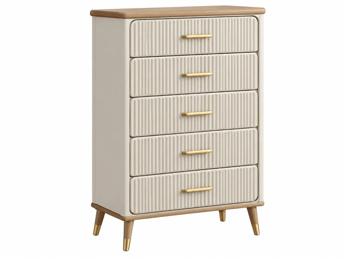 Ladekast 70 x 40 x 120 cm crème hout met vijf laden geribbelde moderne stijl