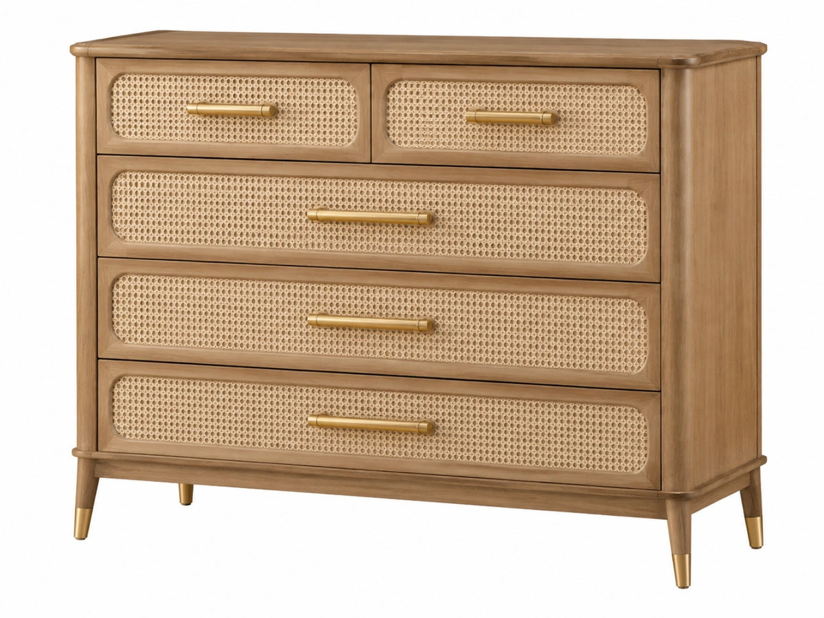 Ladekast 120 x 45 x 90 cm hout naturel met rotan en gouden grepen