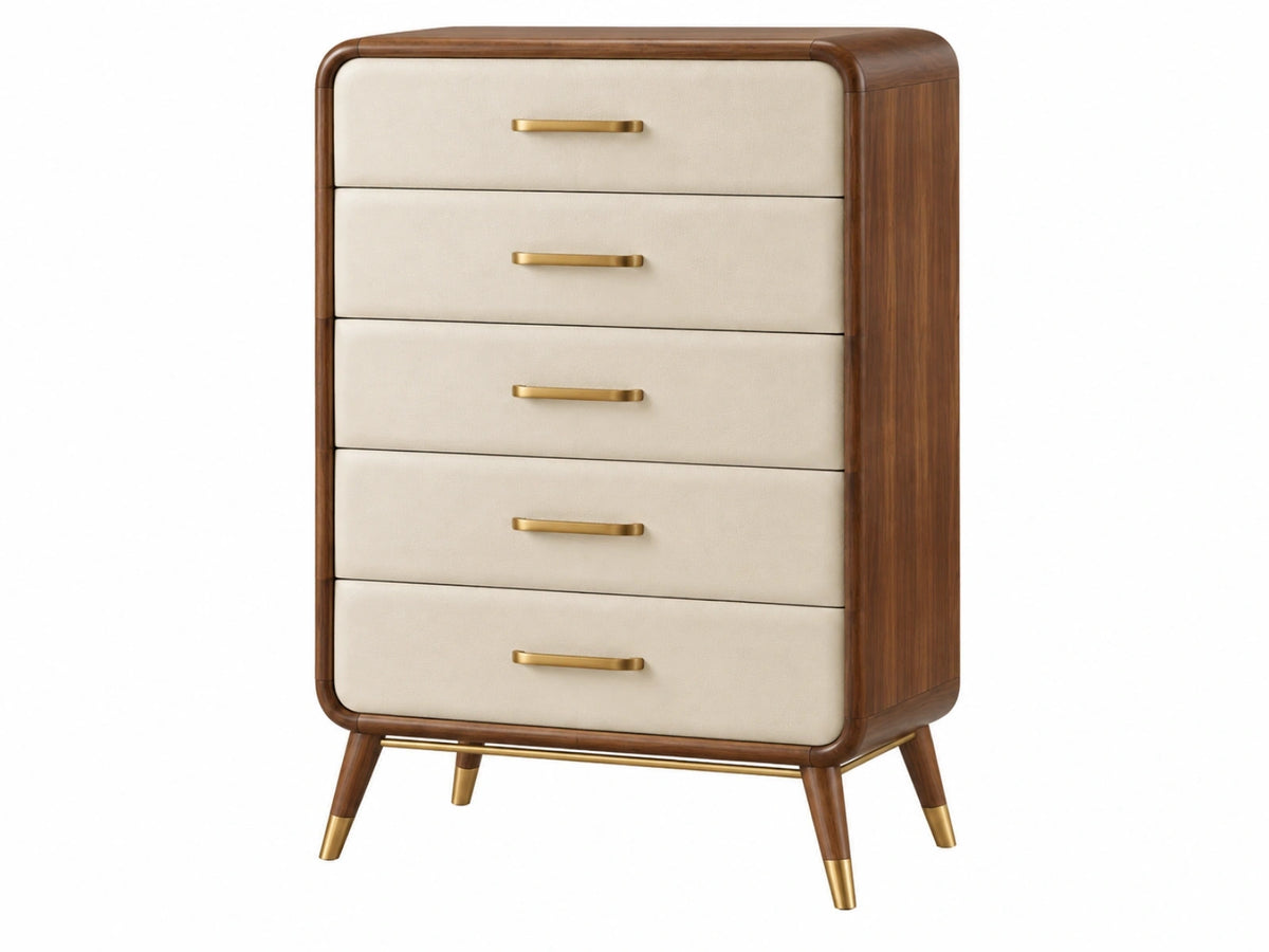 Ladekast 90 x 45 x 130 cm walnootkleurig hout en crème bekleding - 5 laden retro opbergmeubel
