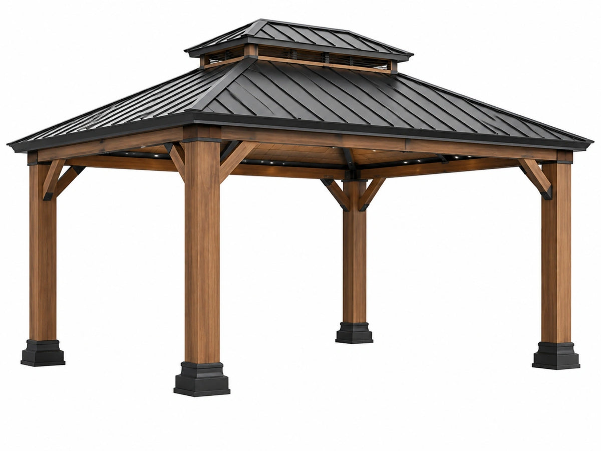 Tuinpaviljoen 400 x 400 cm hout bruin zwart - metalen dak voor buiten