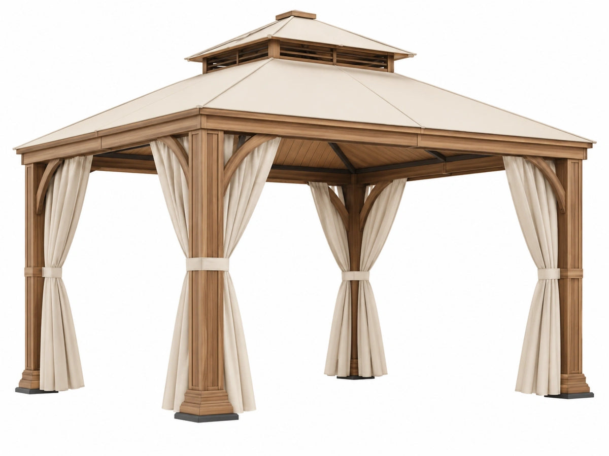 Paviljoen 300 x 300 cm - hout en stof - bruin/crème - met dak en gordijnen voor tuin