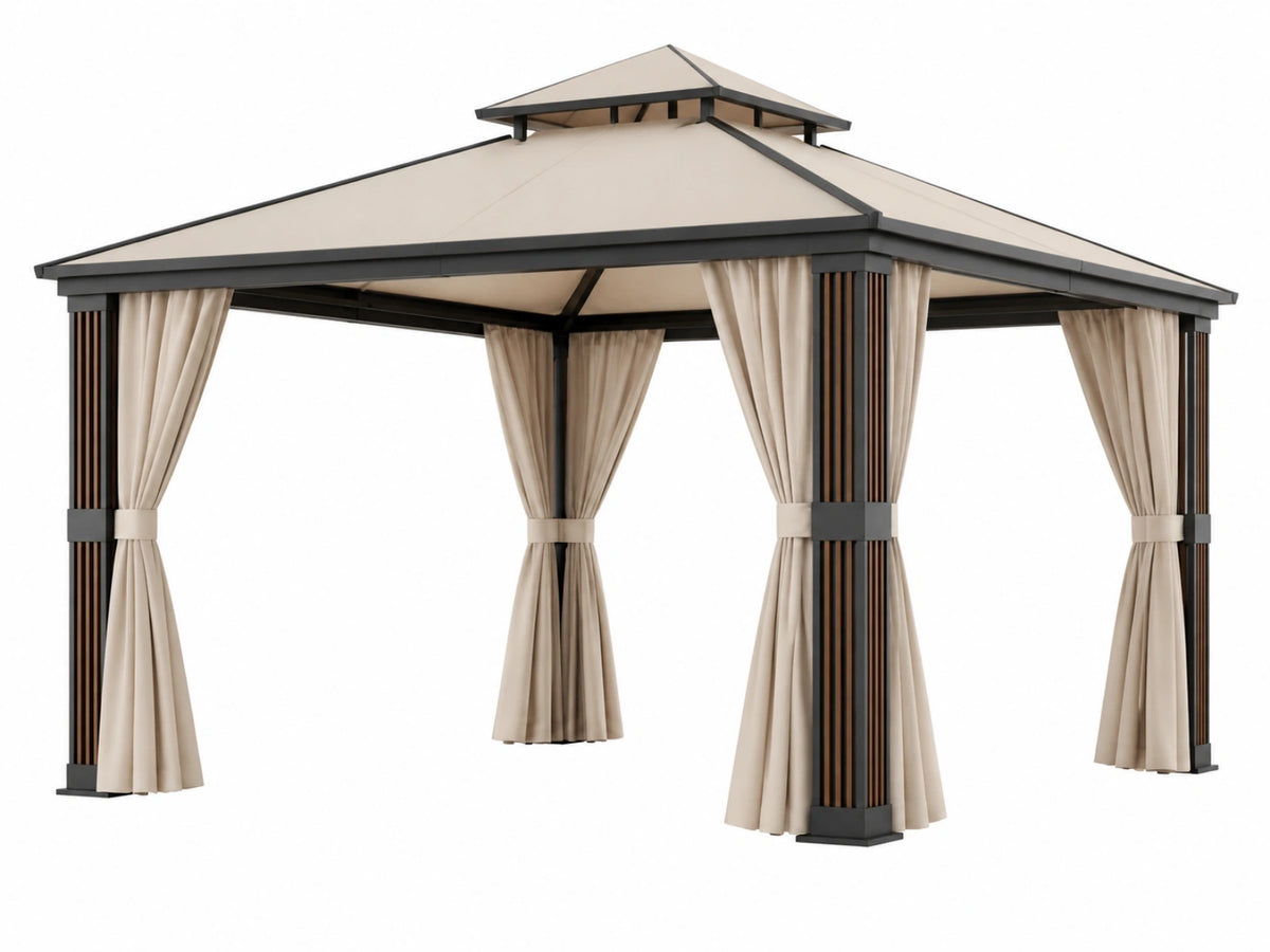 Paviljoen 300 x 300 x 280 cm metaal beige met gordijnen voor tuin