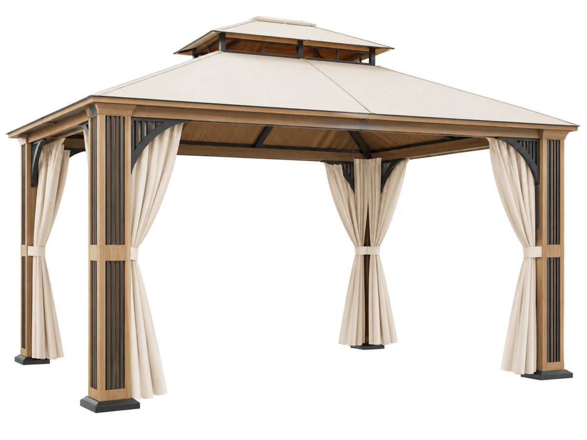 Paviljoen 400 x 300 cm houtlook beige met gordijnen voor tuin