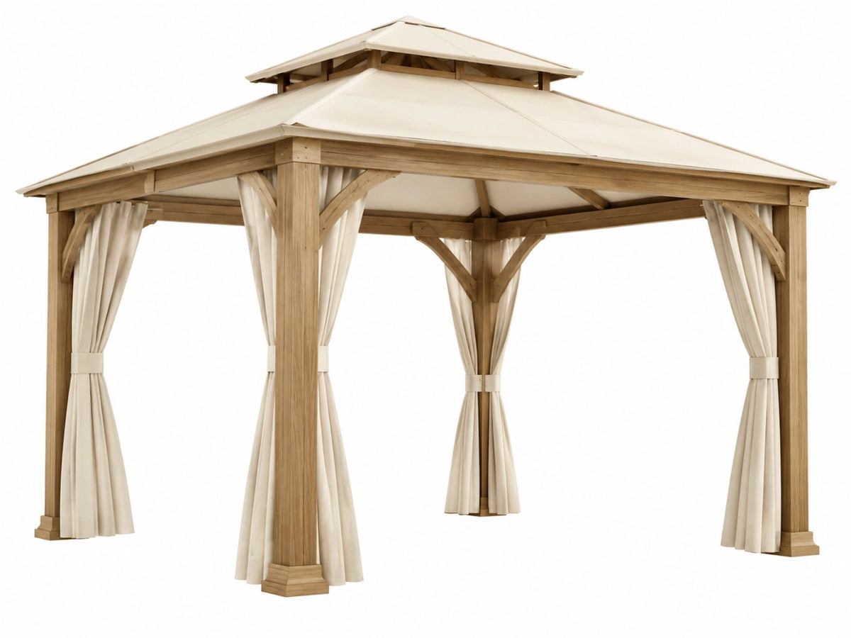 Tuinpaviljoen 300 x 300 cm hout beige met stoffen dak en gordijnen