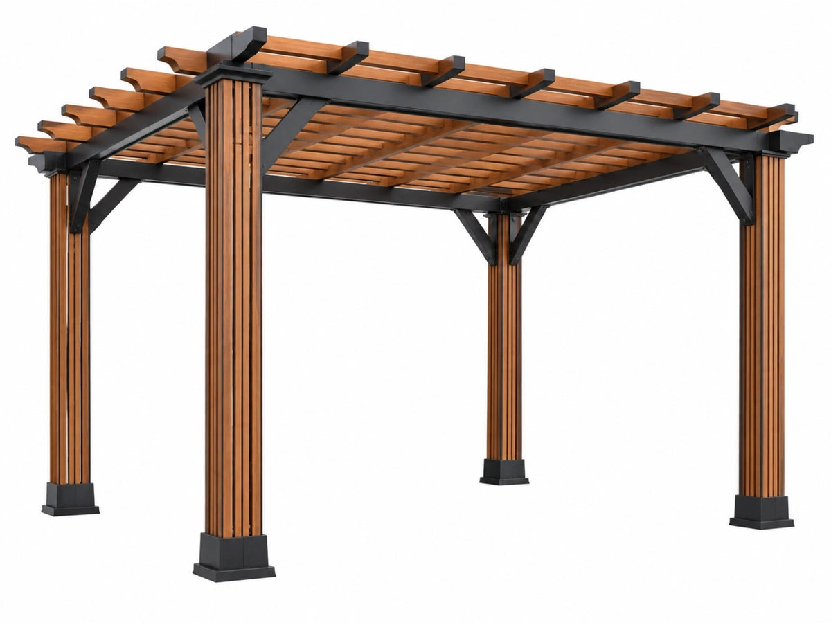 Tuinpergola 400 x 300 x 250 cm hout en metaal bruin zwart met open latten dak